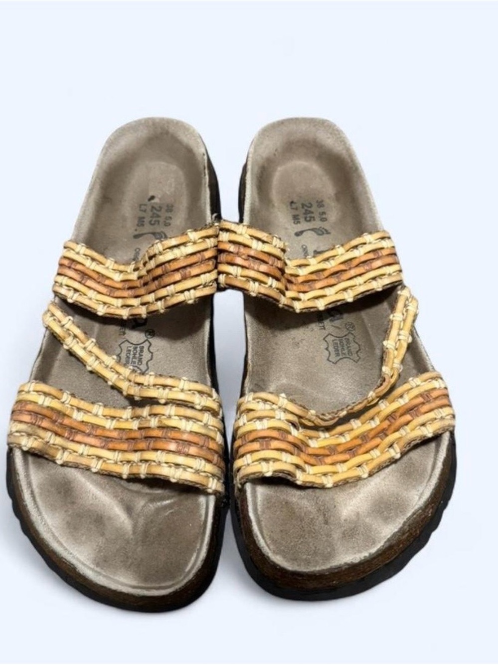 Birkenstock Woven Two-Strap Sandals in Natural Tan and Yellow